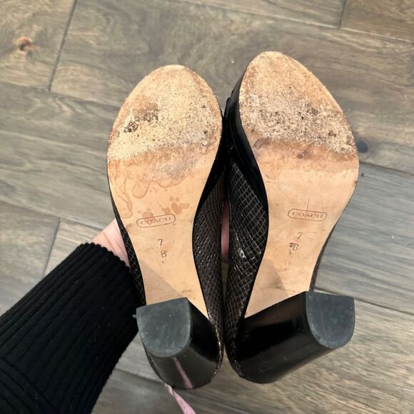 Coach Black & Brown Subtle Reptile Print Platform Almond Toe Heels - Size 7 EUC - Picture 4 of 8
